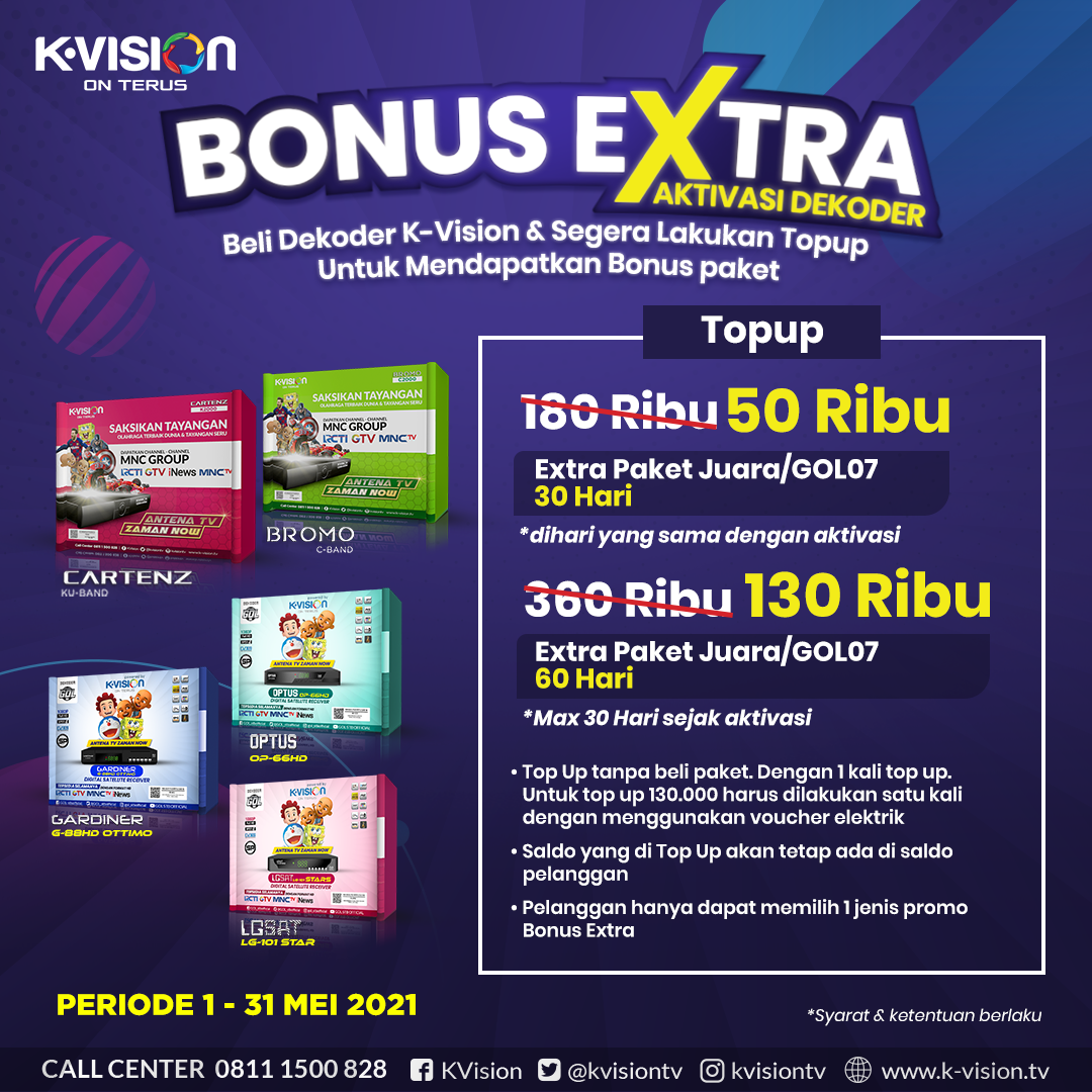 BONUS EXTRA AKTIVASI DEKODER BARU K-VISION BROMO, CARTENZ DAN GOL!