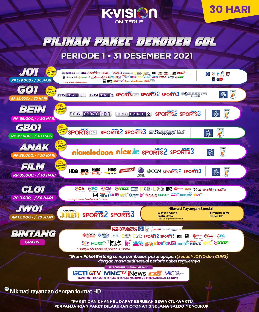 Paket dan Dekoder K-Vision GOL 30